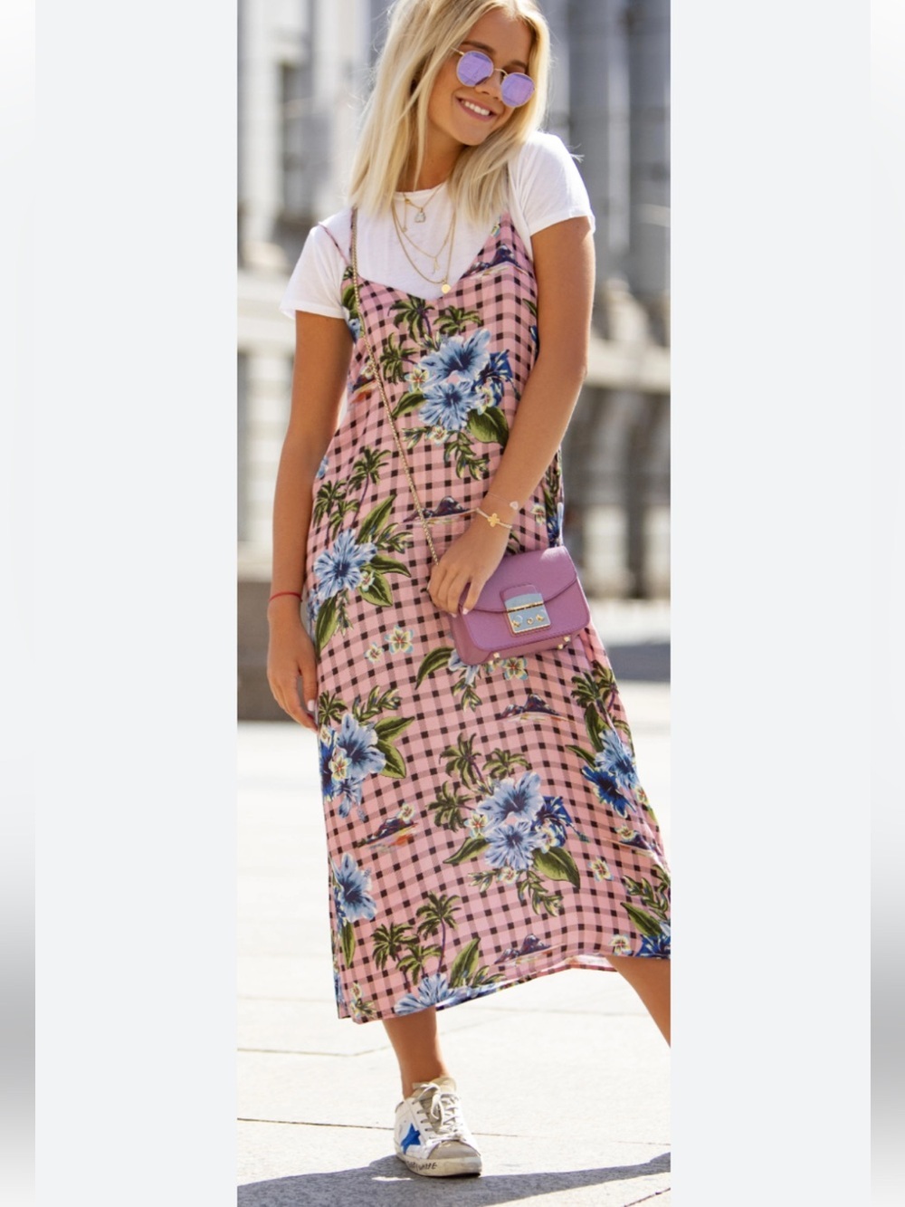 Zara Plaid Tropical Print Slip Dress